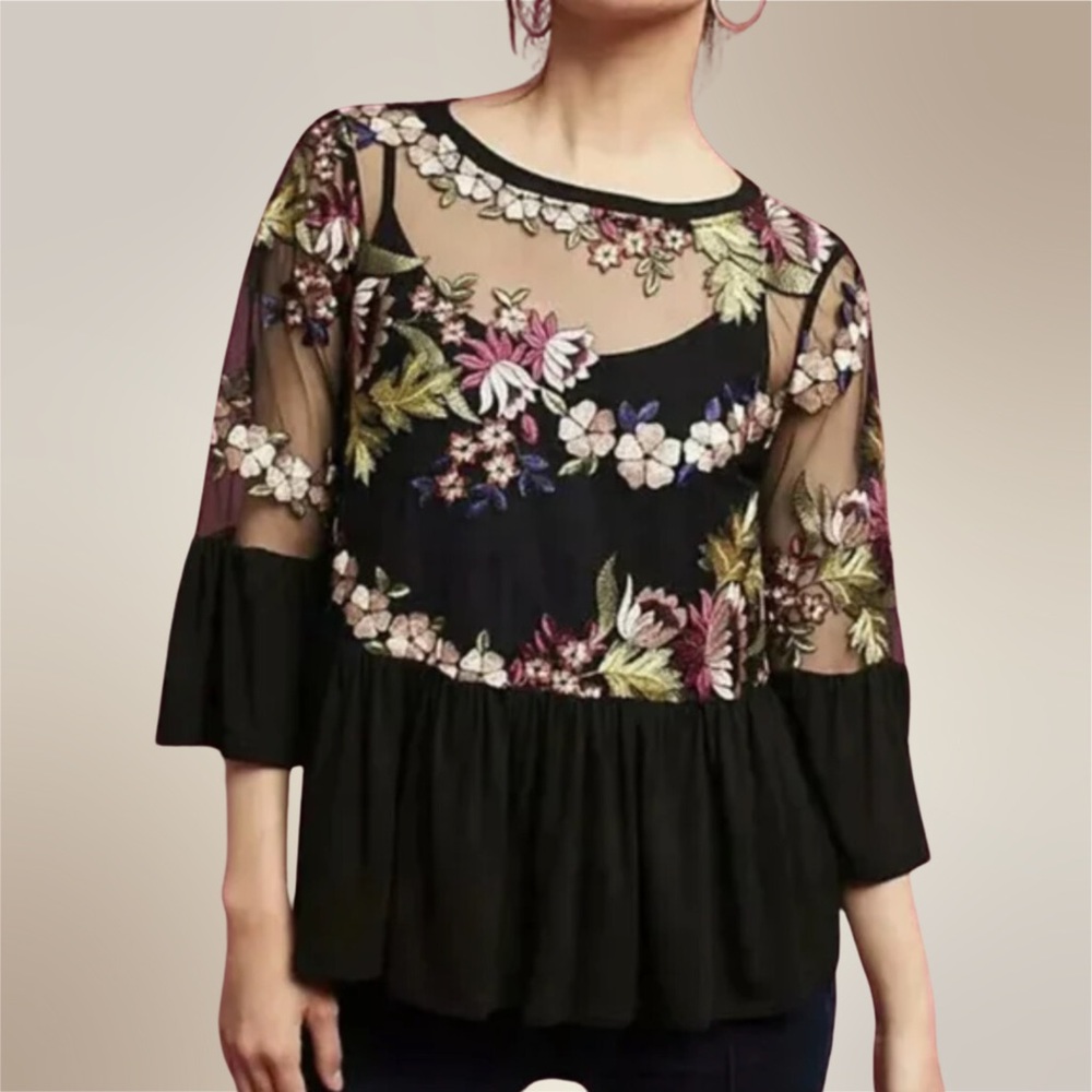 Eri + Ali Floral Embroidery Mesh Peplum Blouse By Anthropologie / XS